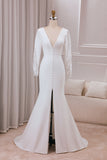 Ivory Deep V-Neck Long Sleeves Crepe and Lace Mermaid Bridal Dress