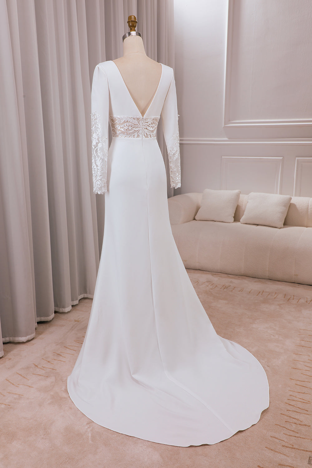 Ivory Deep V-Neck Long Sleeves Crepe and Lace Mermaid Bridal Dress