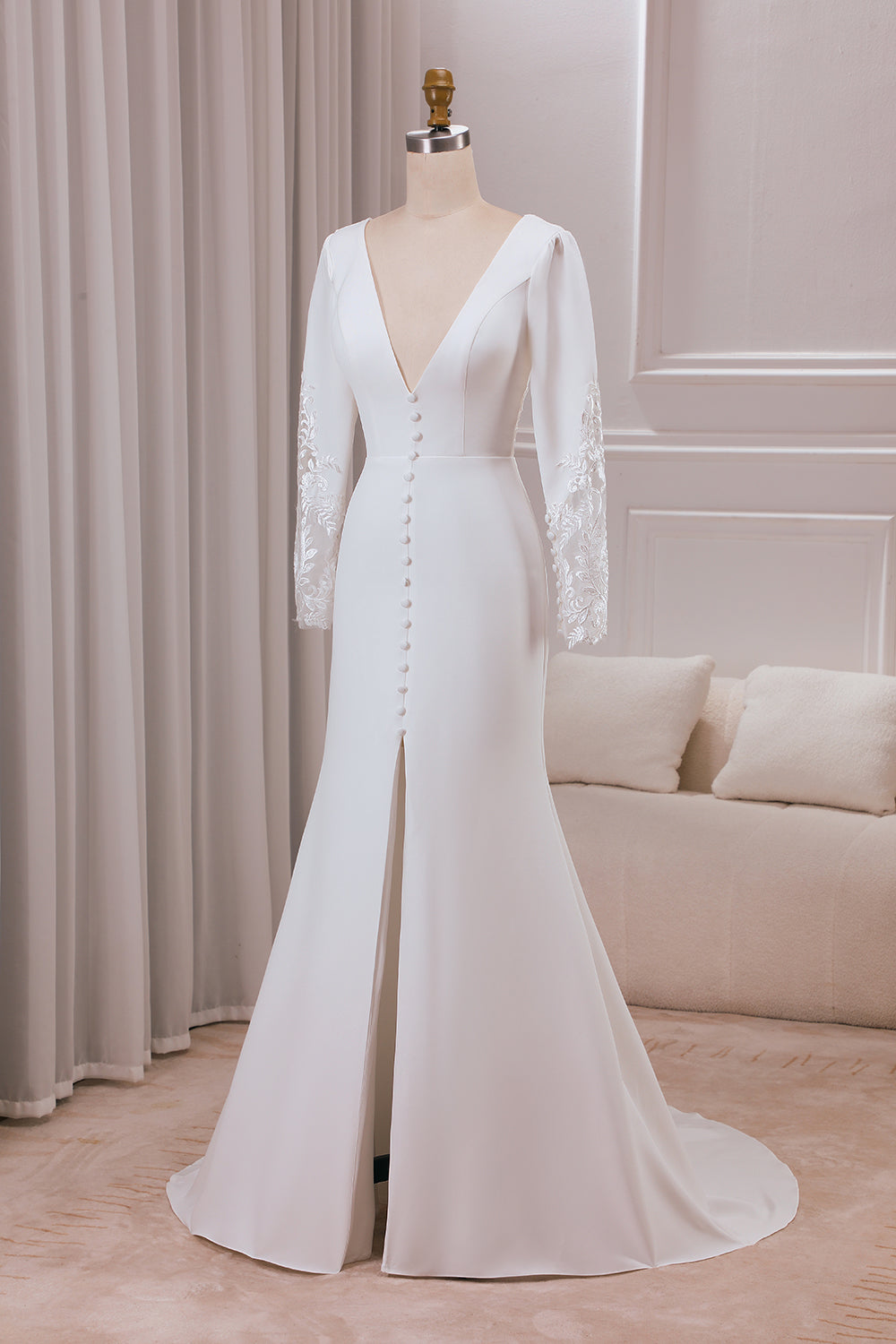 Ivory Deep V-Neck Long Sleeves Crepe and Lace Mermaid Bridal Dress