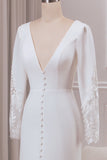 Ivory Deep V-Neck Long Sleeves Crepe and Lace Mermaid Bridal Dress