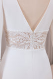 Ivory Deep V-Neck Long Sleeves Crepe and Lace Mermaid Bridal Dress