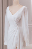 Ivory V-Neck Long Sleeves A-line Chiffon Bridal Dress