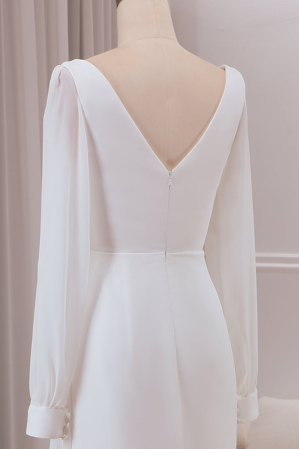Ivory V-Neck Long Sleeves A-line Chiffon Bridal Dress