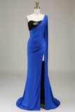 Royal Blue Mermaid One Shoulder Satin and Sequin Pleated Ball Dress with Slit