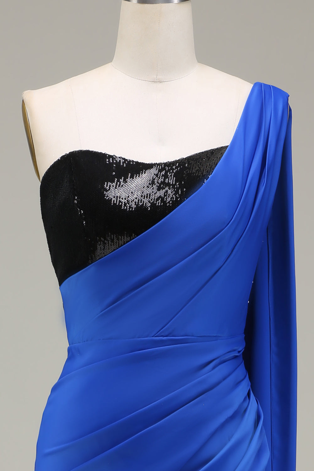 Royal Blue Mermaid One Shoulder Satin and Sequin Pleated Ball Dress with Slit