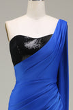 Royal Blue Mermaid One Shoulder Satin and Sequin Pleated Ball Dress with Slit