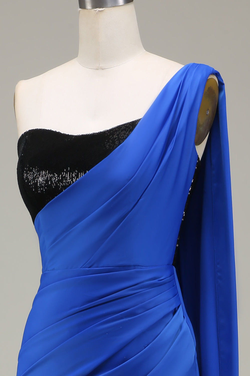 Royal Blue Mermaid One Shoulder Satin and Sequin Pleated Ball Dress with Slit