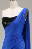 Royal Blue Mermaid One Shoulder Satin and Sequin Pleated Ball Dress with Slit