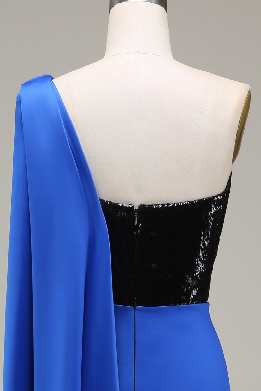 Royal Blue Mermaid One Shoulder Satin and Sequin Pleated Ball Dress with Slit