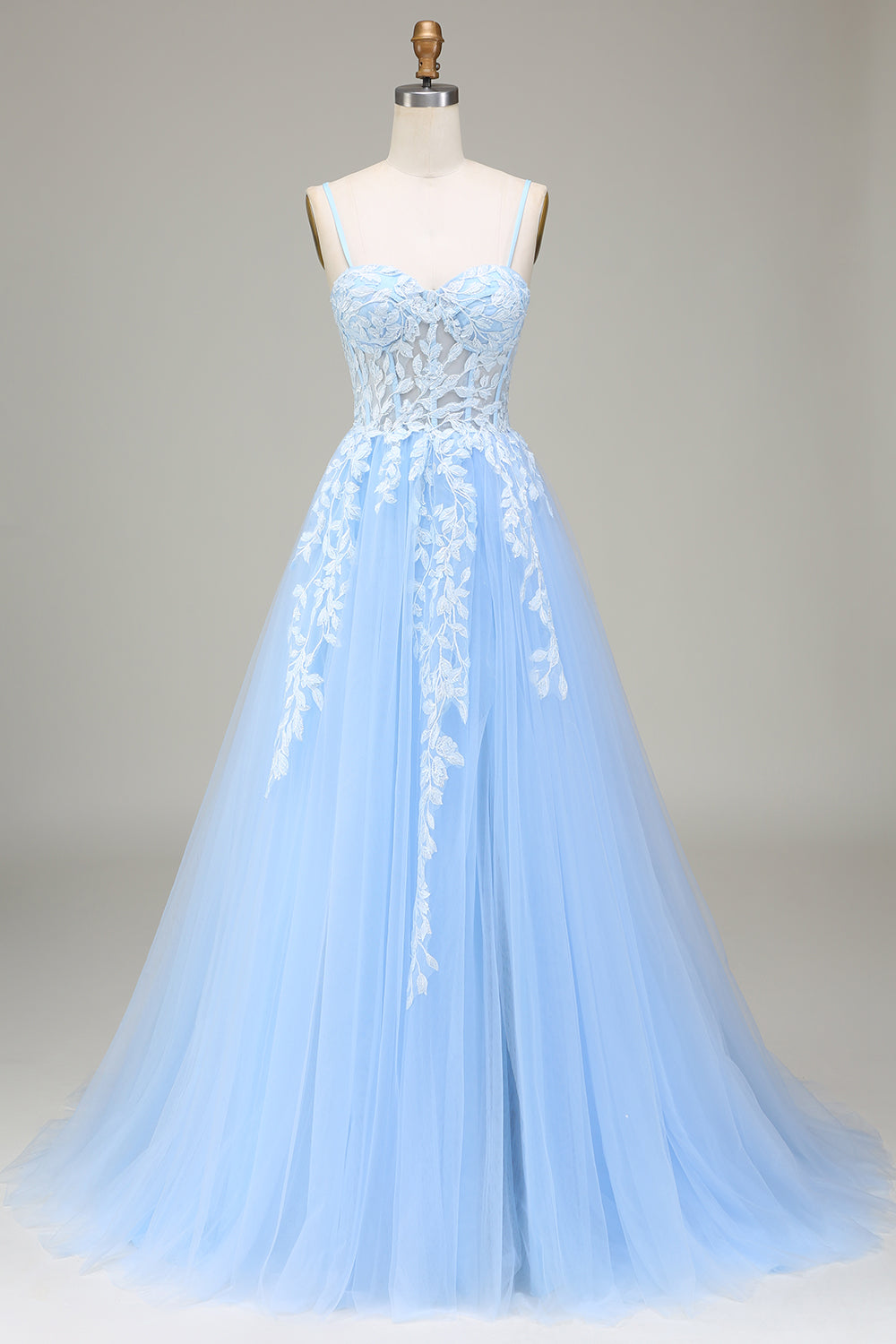 Tulle A-Line Spaghetti Straps Sky Blue Ball Dress with Appliques