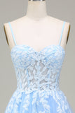 Tulle A-Line Spaghetti Straps Sky Blue Ball Dress with Appliques