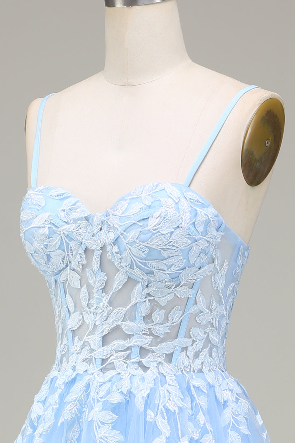 Tulle A-Line Spaghetti Straps Sky Blue Ball Dress with Appliques