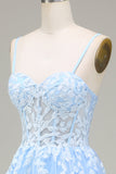 Tulle A-Line Spaghetti Straps Sky Blue Ball Dress with Appliques
