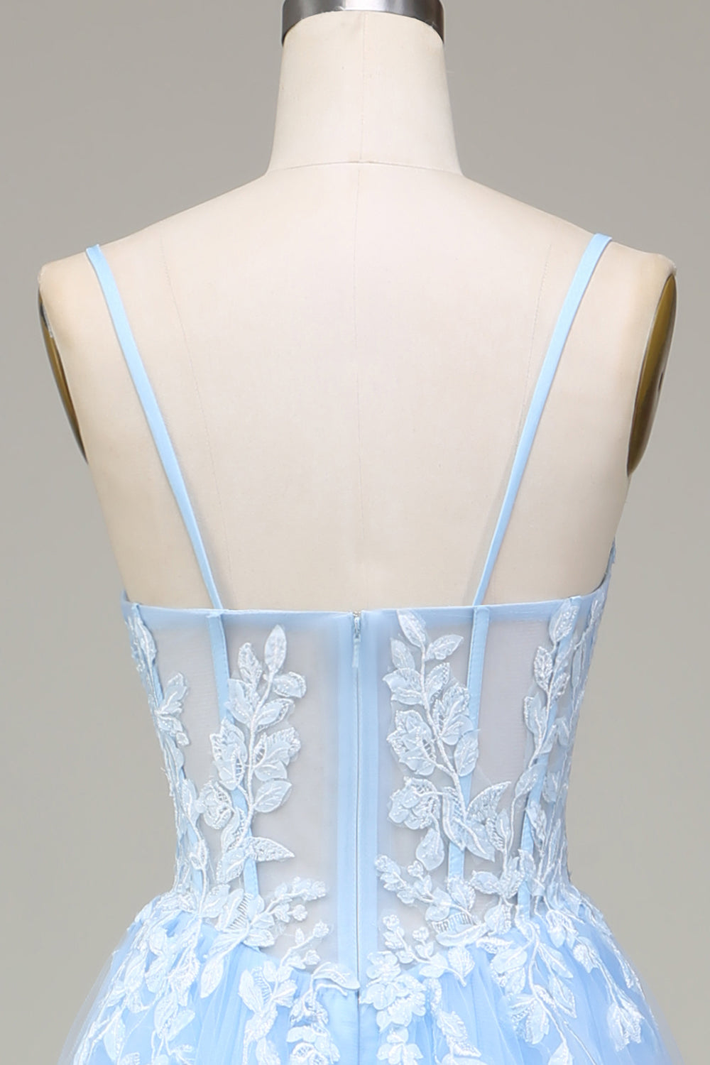 Tulle A-Line Spaghetti Straps Sky Blue Ball Dress with Appliques