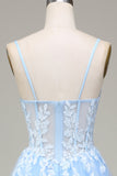 Tulle A-Line Spaghetti Straps Sky Blue Ball Dress with Appliques