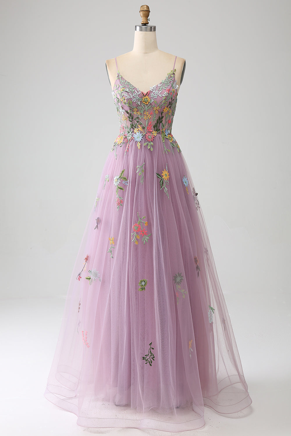 Mauve A-Line Spaghetti Straps Tulle Long Ball Dress With Embroidery