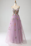 Mauve A-Line Spaghetti Straps Tulle Long Ball Dress With Embroidery