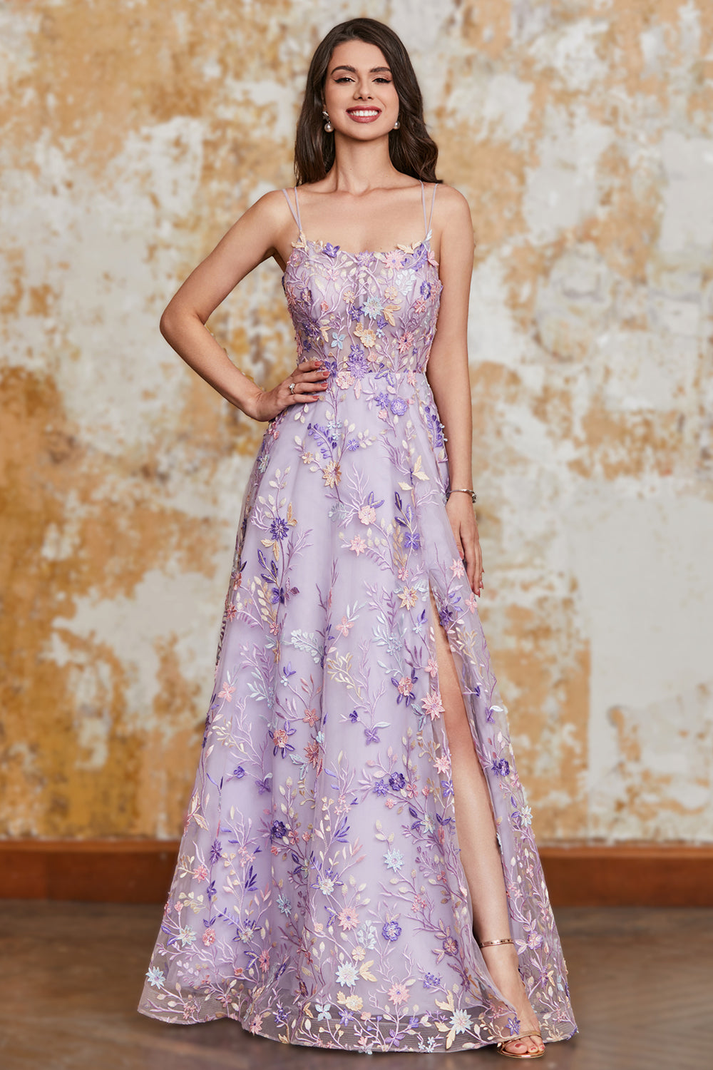 Gorgeous A Line Spaghetti Straps Light Purple Long Ball Dress with Appliques