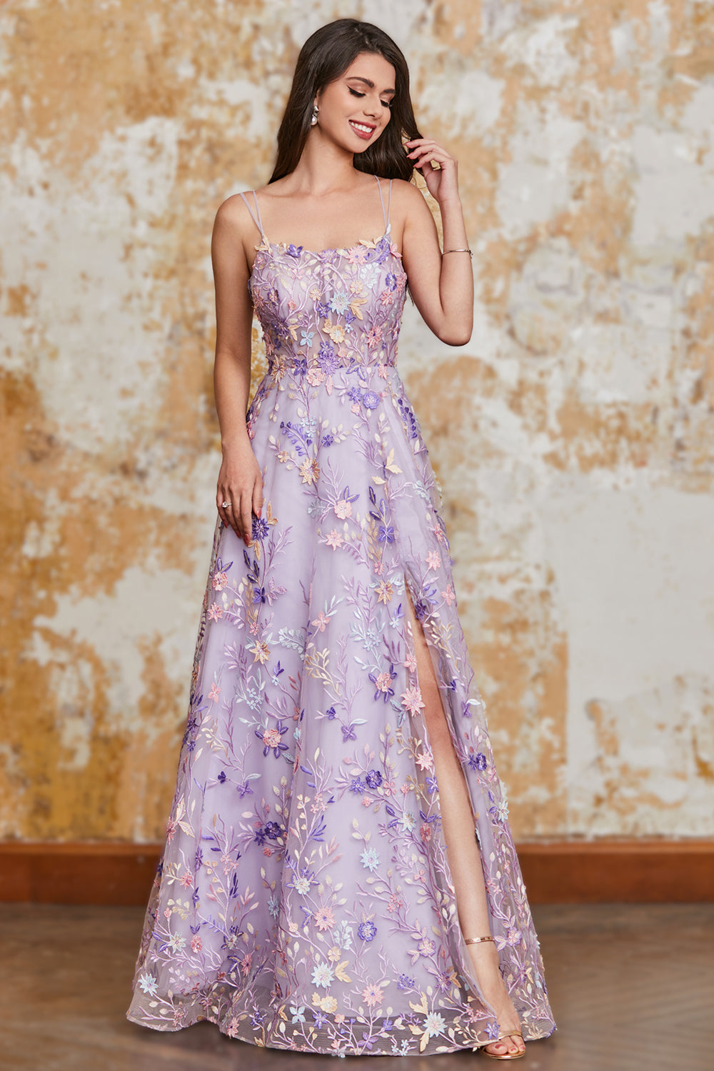 Gorgeous A Line Spaghetti Straps Light Purple Long Ball Dress with Appliques