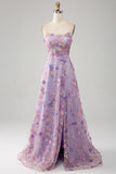 Mauve A-Line Spaghetti Straps Long Ball Dress with Appliques