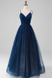 Sparkly Navy Ball-Gown V-Neck Long Beaded Tulle Ball Dresses With Pleated
