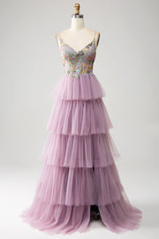 Mauve A-Line Corset Tiered Long Ball Dress With Appliques