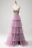 Mauve A-Line Corset Tiered Long Ball Dress With Appliques