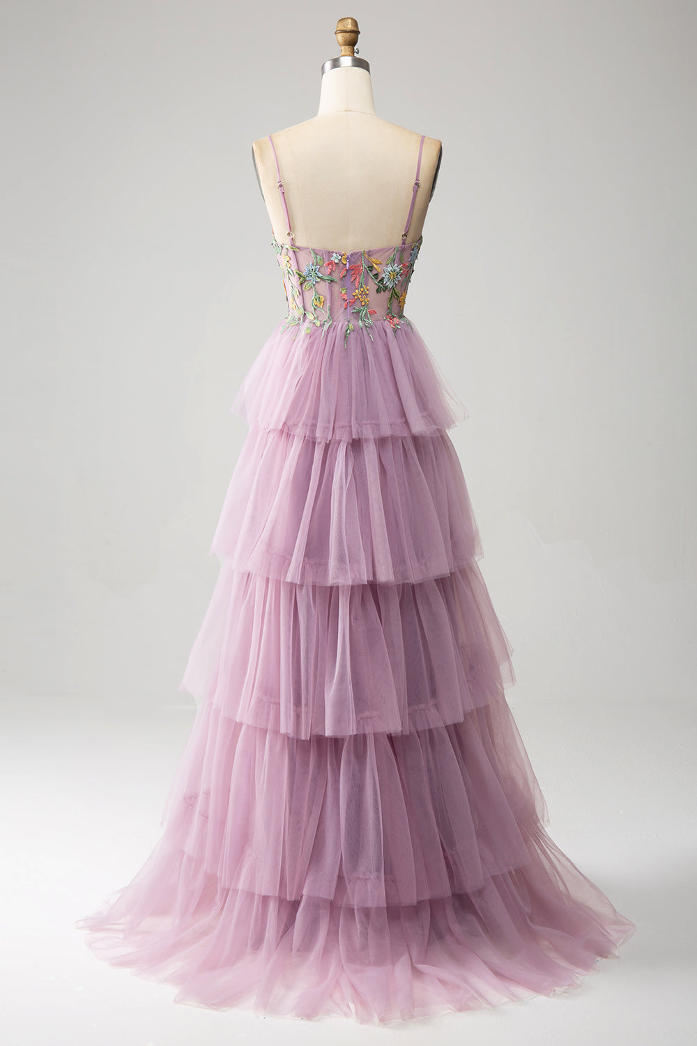 Mauve A-Line Corset Tiered Long Ball Dress With Appliques