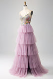 Mauve A-Line Corset Tiered Long Ball Dress With Appliques