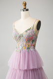 Mauve A-Line Corset Tiered Long Ball Dress With Appliques