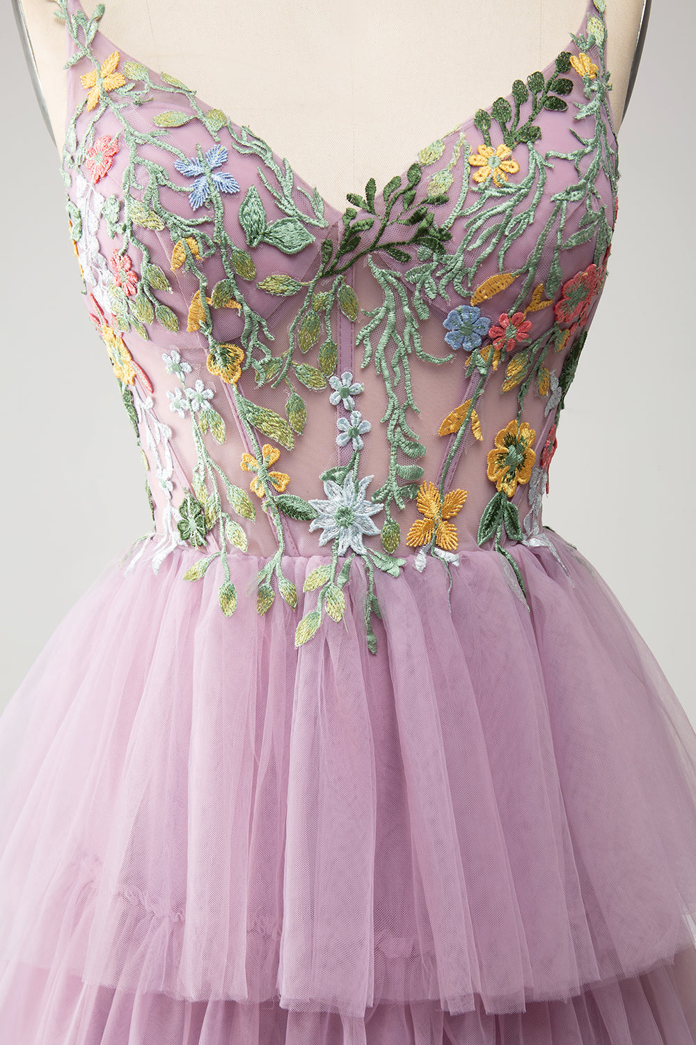 Mauve A-Line Corset Tiered Long Ball Dress With Appliques