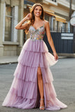 A-Line Tulle Long Corset Tiered Mauve Ball Dress With Appliques