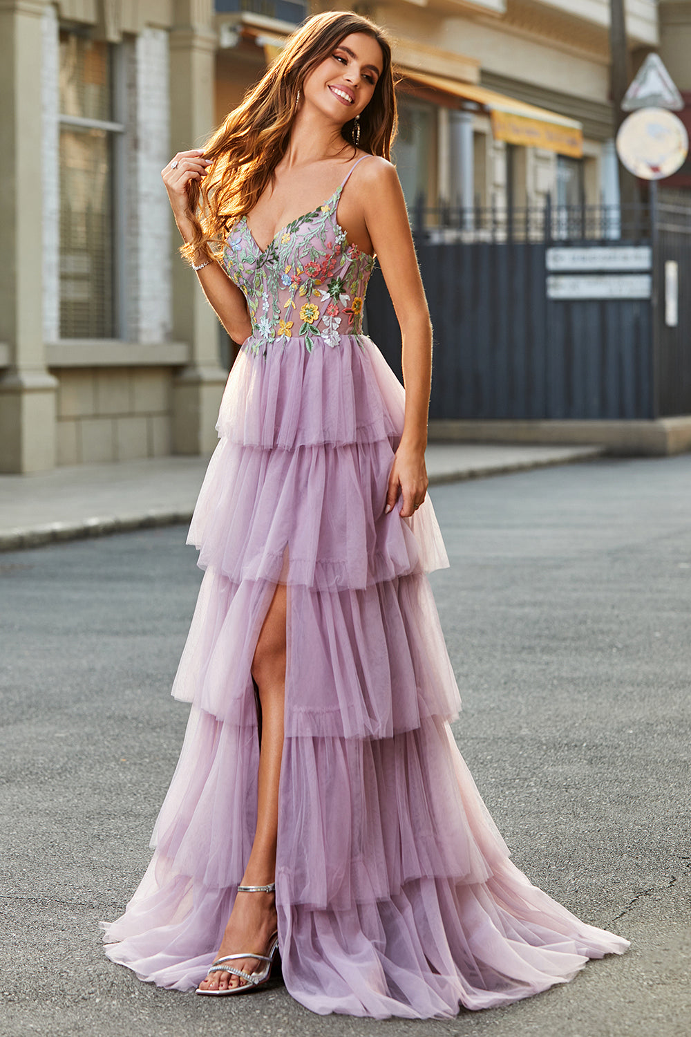 A-Line Tulle Long Corset Tiered Mauve Ball Dress With Appliques