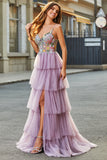 A-Line Tulle Long Corset Tiered Mauve Ball Dress With Appliques