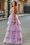 A-Line Tulle Long Corset Tiered Mauve Ball Dress With Appliques
