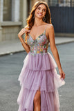 A-Line Tulle Long Corset Tiered Mauve Ball Dress With Appliques