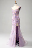 Mauve Off The Shoulder Long Embroidered Mermaid Ball Dress Slit