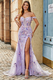 Mauve Off The Shoulder Split Front Long Mermaid Ball Dress With Appliques
