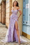 Mauve Off The Shoulder Split Front Long Mermaid Ball Dress With Appliques