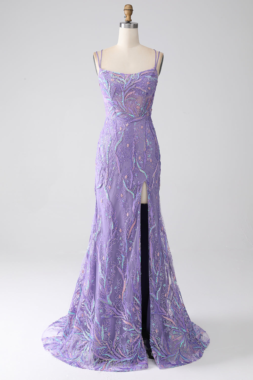 Mermaid Lace-Up Back Lilac Sequins Ball Dress with Slit