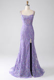 Mermaid Lace-Up Back Lilac Sequins Ball Dress with Slit