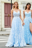 Gorgeous A Line Spaghetti Straps Sky Blue Corset Ball Dress with Appliques