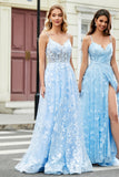 Gorgeous A Line Spaghetti Straps Sky Blue Corset Ball Dress with Appliques