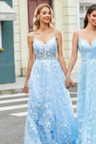 Gorgeous A Line Spaghetti Straps Sky Blue Corset Ball Dress with Appliques