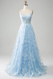 Sky Blue A-Line Spaghetti Straps Lace Long Corset Ball Dress