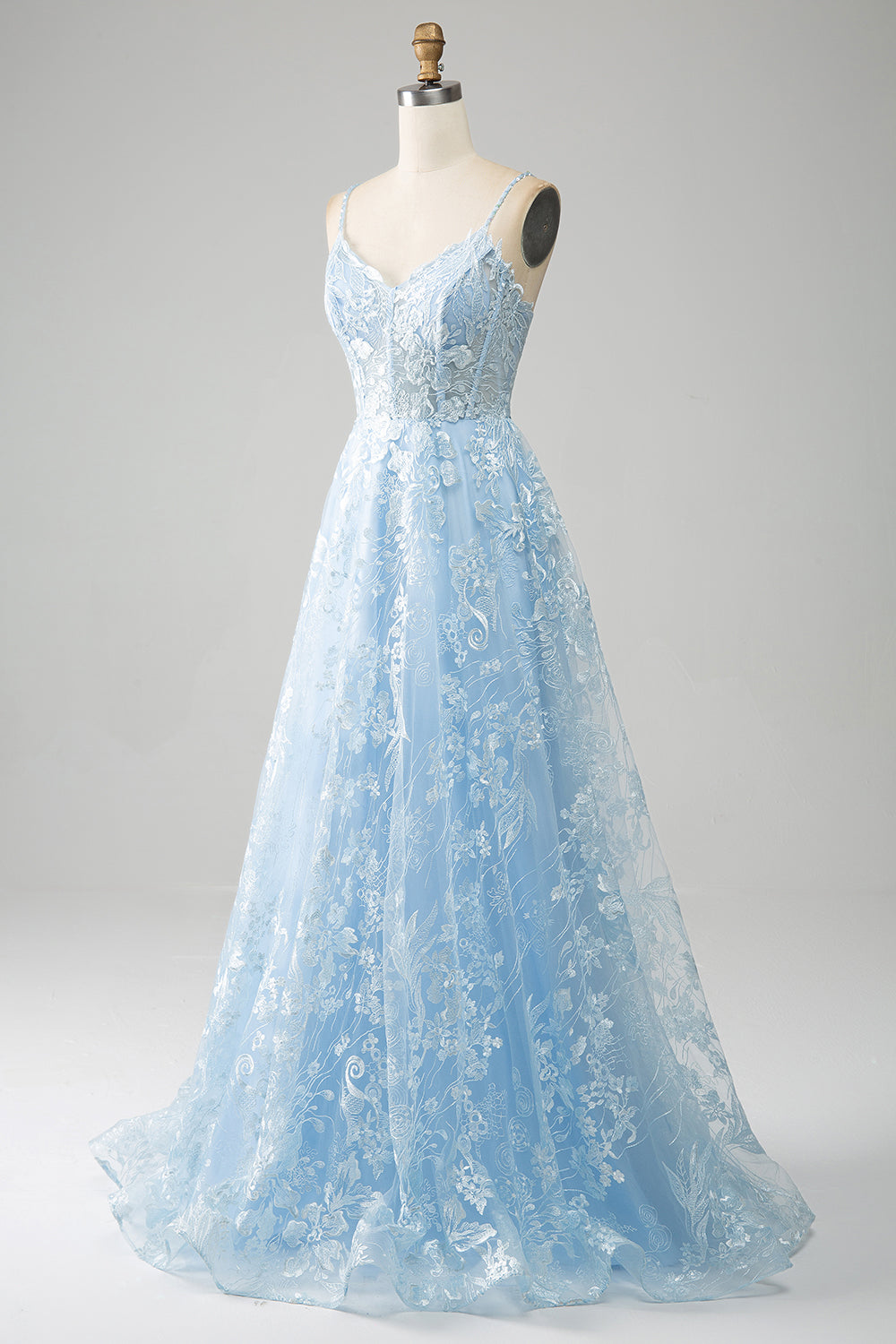 Sky Blue A-Line Spaghetti Straps Lace Long Corset Ball Dress