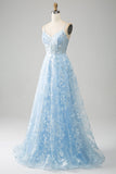 Sky Blue A-Line Spaghetti Straps Lace Long Corset Ball Dress