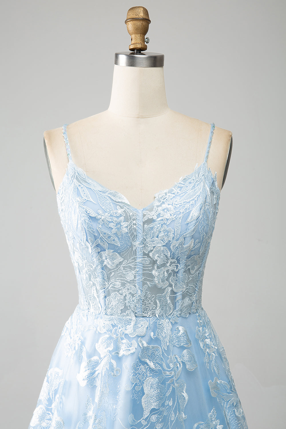 Sky Blue A-Line Spaghetti Straps Lace Long Corset Ball Dress
