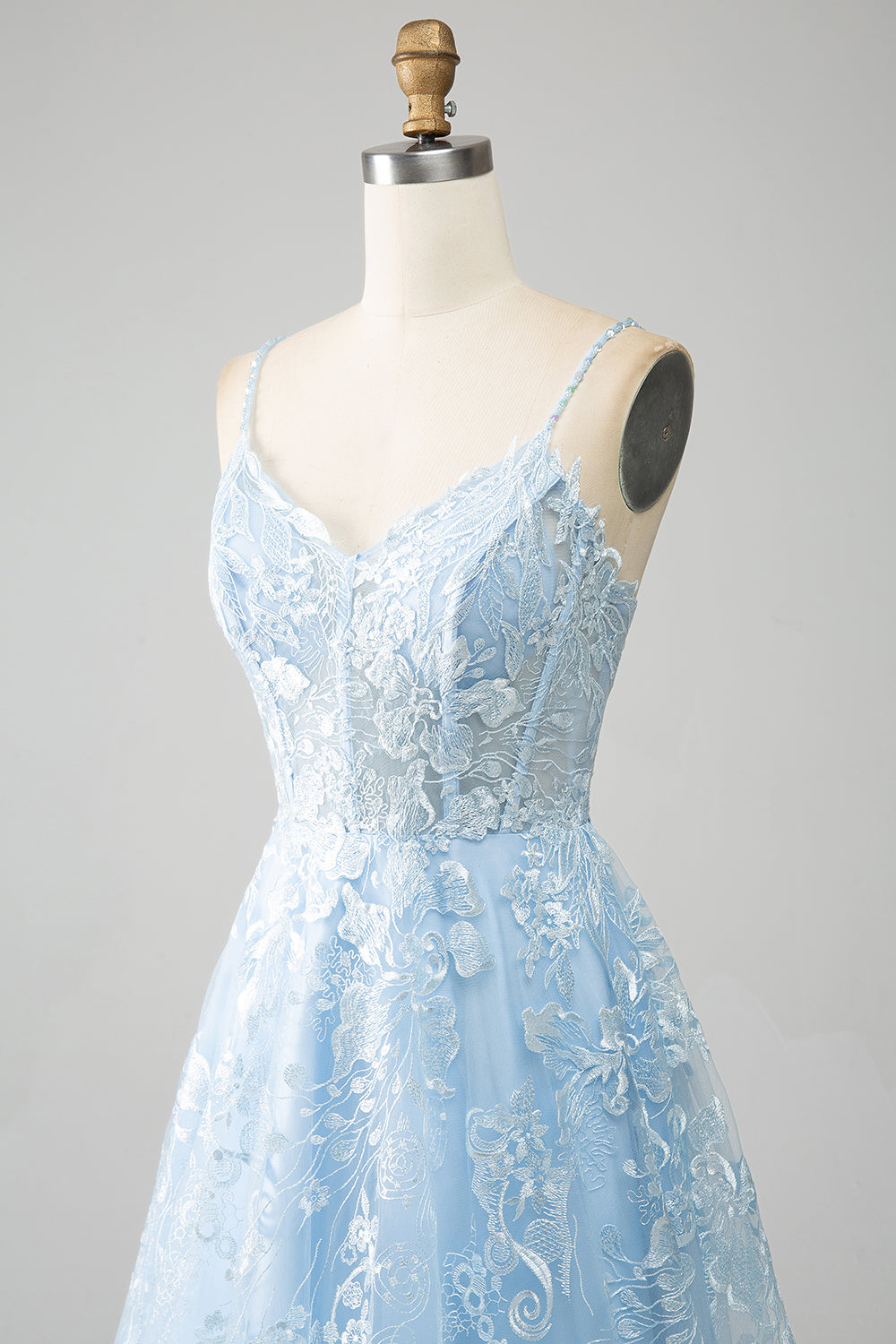 Sky Blue A-Line Spaghetti Straps Lace Long Corset Ball Dress