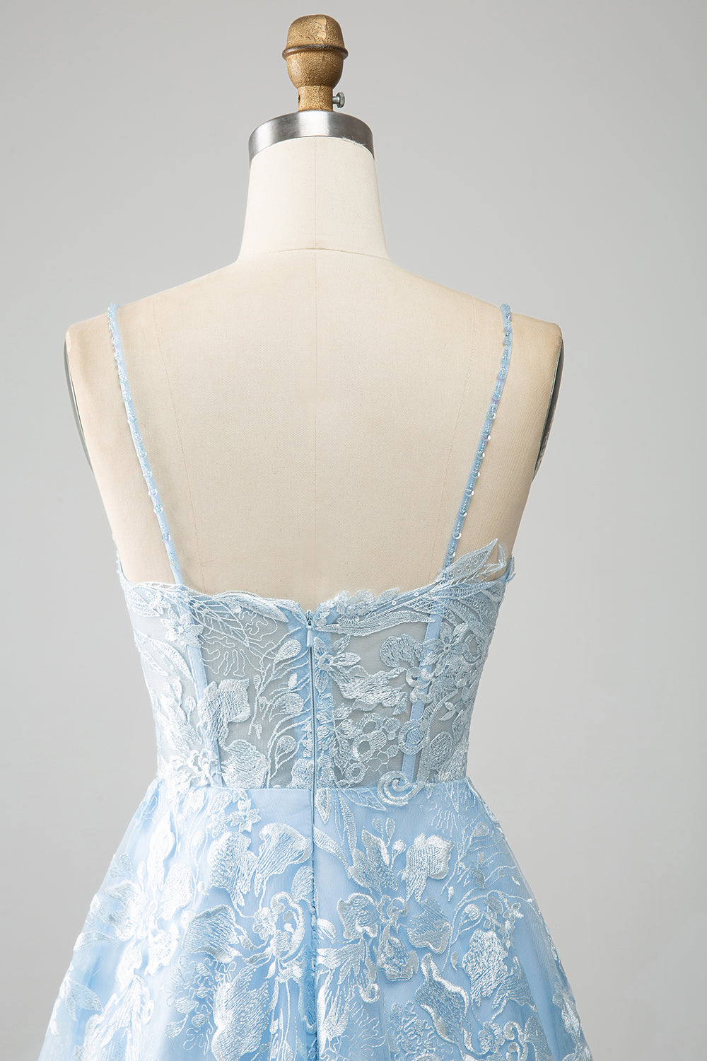 Sky Blue A-Line Spaghetti Straps Lace Long Corset Ball Dress